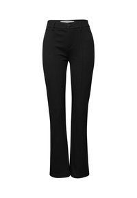 Pantalons évasés noirs en tissu lisse et extensible, dotés d'une fermeture par bouton à l'avant et de deux poches latérales. Design simple et épuré.