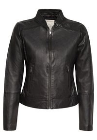 Mustat nahkatakki, jossa on pystykaulus, vetoketjukiinnitys ja kaksi sivutaskua. Ominaisuudet sulava pinta ja istuva siluetti.