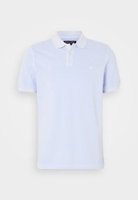 Polo bleu clair en coton, doté d'un col à trois boutons, de manches courtes et d'un logo brodé sur la poitrine.
