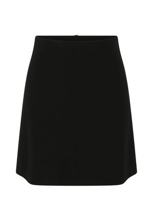 Zwarte mini rok met een gladde textuur, flared silhouet en een hoge taille. Geen zichtbare hardware of patronen. Eenvoudig en minimalistisch ontwerp.