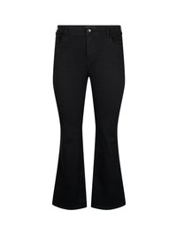 Black flared jeans made of denim, featuring a fitted waist, five pockets, and a metal button closure at the front. Clean, smooth texture.