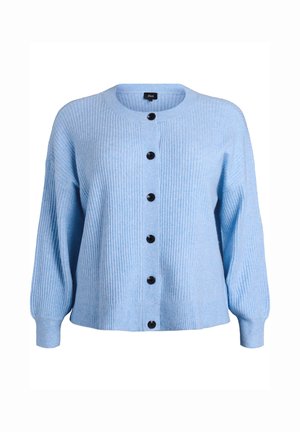 Lichtblauw geribd vest met lange mouwen, ronde hals en zwarte knopen aan de voorkant. Zachte textuur, casual pasvorm.