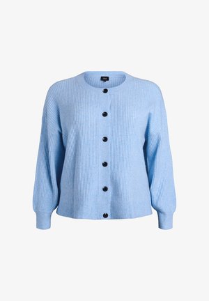 Light blue ribbed cardigan with long sleeves, round neck, and black buttons down the front. Soft texture, casual fit design.