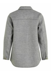 Graue Wollhemdjacke mit Kragen, langen Ärmeln und seitlichem Saumschlitz. Mit sichtbaren Nähten und Knopfakzenten an den Ärmeln.