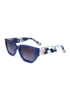 Occhiali da sole con montatura quadrata blu, lenti scure sfumate e aste blu e bianche decorate con un logo rotondo in argento e oro rosa.