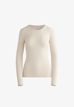 Maglietta a maniche lunghe color beige chiaro con un motivo a diamante testurizzato, scollo rotondo e design aderente, realizzata in tessuto morbido ed elastico.