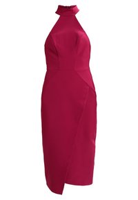 Fuchsia ärmelloses Kleid mit hohem Kragen, figurbetontem Oberteil, schrägem Vorder- Schlitz und strukturierten Paneelen. Glatte Stofftextur.