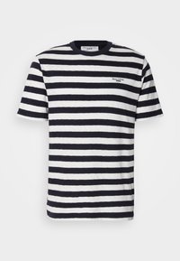 Marineblaue und weiße gestreifte Baumwoll-T-Shirt mit rundem Ausschnitt, kurzen Ärmeln und einem kleinen gestickten Logo auf der Brust.