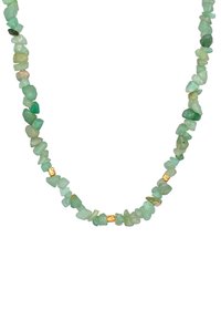 Green gemstone necklace featuring irregular chippings and gold accents, displaying various shades of green and a smooth, polished texture.