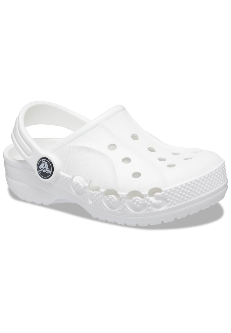 White clogs made of lightweight material with ventilation holes and raised dots on the sole. Features a back strap for secure fit.