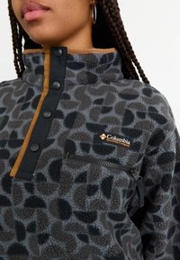 Close-up of person wearing gray leopard print fleece pullover with black snap buttons, chest zipper pocket, and Columbia Sportswear logo.