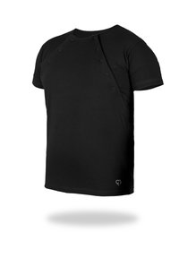 Sort t-shirt med korte ærmer, der har trykknaplukning på den ene side og et hjerte-logo ved kanten. Lavet af blødt stof med en glat tekstur.