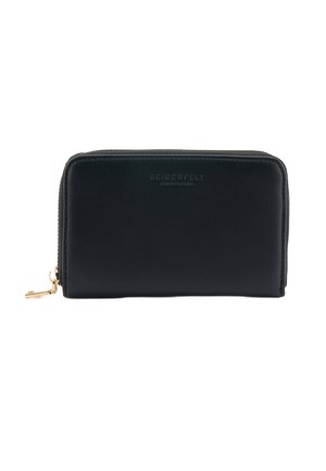 Black leather wallet with a smooth texture, zip closure, and gold hardware. Features embossed brand logo on the front.