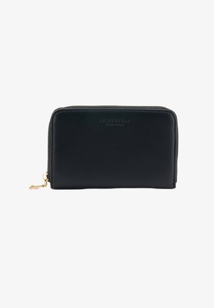 Black leather wallet with a smooth texture, zip closure, and gold hardware. Features embossed brand logo on the front.