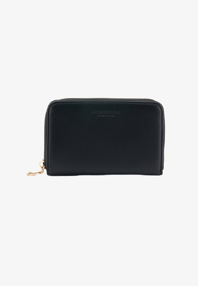 Black leather wallet with a smooth texture, zip closure, and gold hardware. Features embossed brand logo on the front.