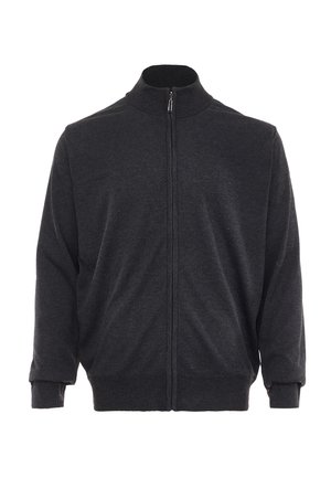 Schwarze Jacke mit Reißverschluss, geripptem Stehkragen, Bündchen und Saum, auf schlichtem weißen Hintergrund dargestellt.
