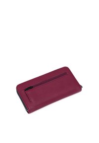 Leather wallet in deep burgundy with a smooth texture, featuring a zippered closure and an external zip pocket for added storage.