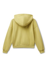 Sudadera corta amarilla claro con mangas largas, puños acanalados y capucha, mostrada desde la parte de atrás sobre un fondo blanco.