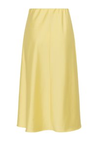 Yellow midi skirt with an elastic waistband, made from smooth fabric, featuring a simple A-line silhouette and no visible patterns or accents.