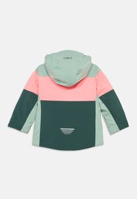 Chaqueta con capucha para niños en bloques de color verde menta, verde oscuro y rosa, con el logo de CMP en la parte superior de la espalda.