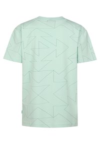 Maglietta verde chiaro a maniche corte con un motivo geometrico di frecce sovrapposte in una tonalità leggermente più scura. Realizzata in morbido cotone.