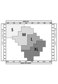 Tabella delle taglie che mostra quattro rettangoli etichettati S, M, L e XL in diverse tonalità di grigio, con l'altezza in cm e il peso in kg sugli assi.