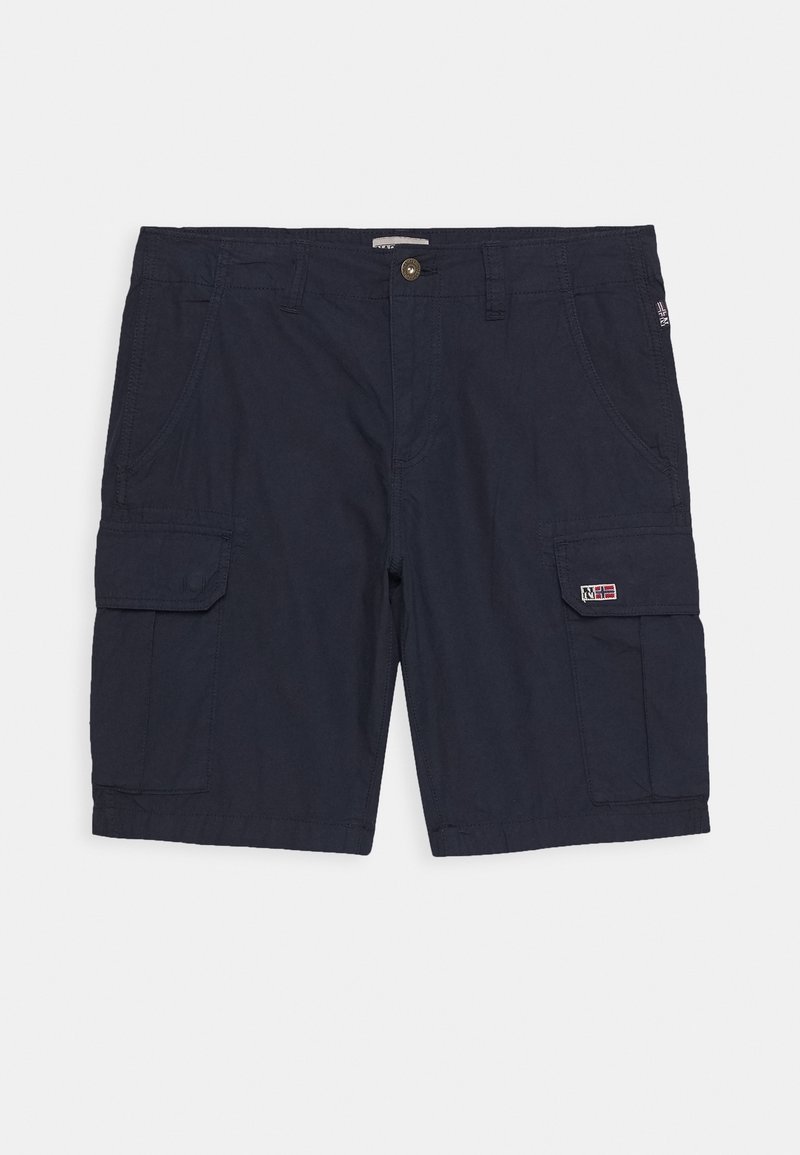 Short cargo bleu marine avec bouton à l’avant, passants pour ceinture, poches latérales et petit écusson logo sur la poche cargo droite.