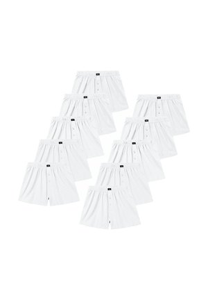 Zehn Paar weiße Boxershorts aus Baumwolle mit elastischen Bund und vorderen Knopfverschlüssen, in zwei Reihen auf weißem Hintergrund angeordnet.