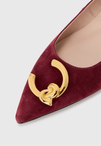 Pantofii din suede bordeaux cu vârful ascuțit, având un design circular auriu și accente împletite la vârf. Captuseală interioară moale.