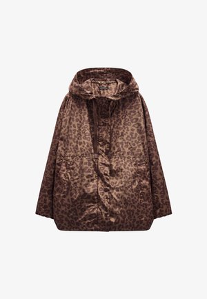 Brązowa kurtka w cętki lamparta z kapturem, zapinana na guziki, z dwoma przednimi kieszeniami. Wykonana z gładkiego, lekkiego materiału.