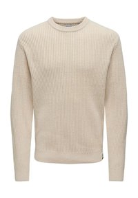 Maglione a coste crema con maniche lunghe, collo rotondo, motivo di maglia testurizzato e orlo dritto. Presenta una piccola etichetta logo sul lato.
