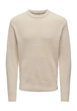 Maglione a coste crema con maniche lunghe, collo rotondo, motivo di maglia testurizzato e orlo dritto. Presenta una piccola etichetta logo sul lato.