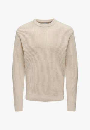 Maglione a coste crema con maniche lunghe, collo rotondo, motivo di maglia testurizzato e orlo dritto. Presenta una piccola etichetta logo sul lato.