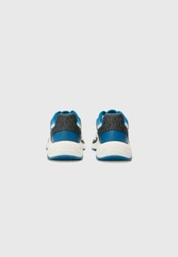 Athletic sneakers with a blue and black design, featuring a textured heel, padded collar, and a white midsole with blue accents.
