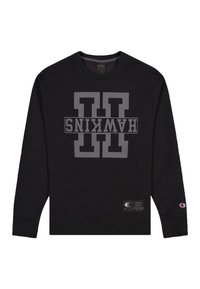 Sudadera negra de manga larga, con un llamativo gráfico en gris de "HAWKINS" y un emblema cerca del dobladillo. Hecha de una tela texturizada.