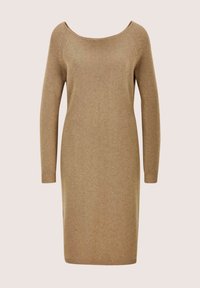 Langärmliges, beiges Rippstrick-Kleid mit weitem Rundhalsausschnitt und geradem Schnitt.