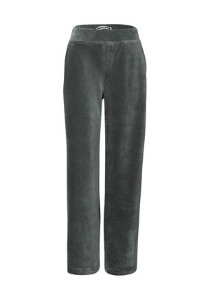 Pantalon en velours côtelé gris avec une coupe droite, texture douce, taille élastique et poches latérales.