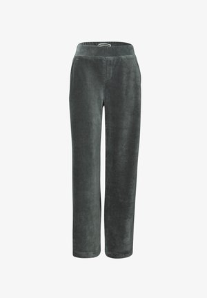 Pantalones de pana grises con un diseño de pierna recta, textura suave, cinturilla elástica y bolsillos laterales.