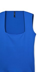 Top blu con spalline scoperte e scollatura quadrata. Realizzato in tessuto liscio e elastico di un colore uniforme. Presenta un'etichetta sul retro.