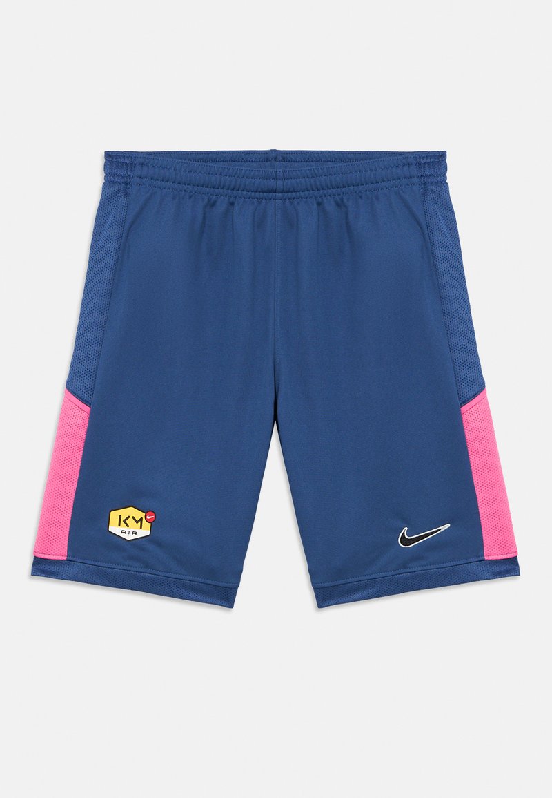 Μπλε αθλητικό σορτς από αναπνεύσιμο ύφασμα, με πλευρικά πάνελ από δίχτυ σε ροζ χρώμα. Διαθέτει κιτρινωπό εξαγωνικό λογότυπο και λευκό λογότυπο Nike.