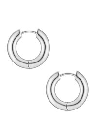Srebrni uhani v obliki obročev z dvojnim krožnim dizajnom, s gladko in polirano površino ter zaponko s tečajem.