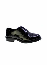 Scarpa Oxford in vernice nera con superficie liscia, dettagli brogue, punta arrotondata e chiusura con lacci. Tacco basso con suola testurizzata.