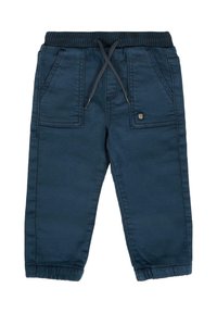 Pantaloni jogger blu navy per bambini con vita elasticizzata a costine, cordoncino, tasche a toppa frontali e polsini elastici.