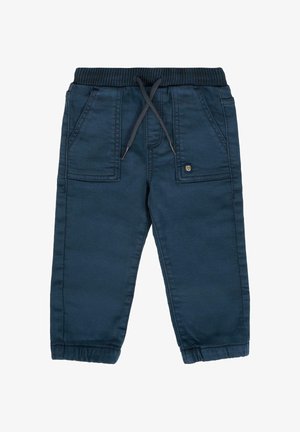 Pantaloni jogger blu navy per bambini con vita elasticizzata a costine, cordoncino, tasche a toppa frontali e polsini elastici.