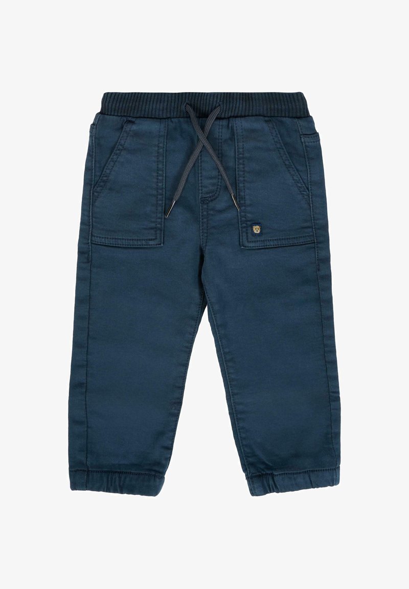 Pantaloni jogger blu navy per bambini con vita elasticizzata a costine, cordoncino, tasche a toppa frontali e polsini elastici.
