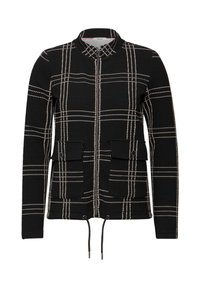 Black jacket with a textured woven pattern, featuring a white check design, high collar, zip front, and two front pockets. Adjustable drawstrings.