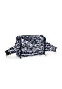 Rektangulær stofpose med et sort og hvidt bølgemønster, der har blå foring, lynlås og justerbare stropper på begge sider.