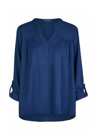 Marineblaue Bluse mit V-Ausschnitt, gefälteltem Vorderteil und umgeschlagenen 3/4-Ärmeln. Hergestellt aus glattem Stoff mit lockerer Passform und abgerundetem Saum.