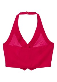Rotes Trägershirt mit tiefem V-Ausschnitt, ausgestattet mit durchsichtigen Seitenpaneelen und einem Verschluss auf der Rückseite. Glattes Material mit taillierter Form.
