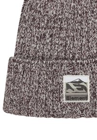 Berretto a maglia in bordeaux e grigio con risvolto. Presenta un'etichetta di stoffa rettangolare con grafica di montagna e testo "Element".